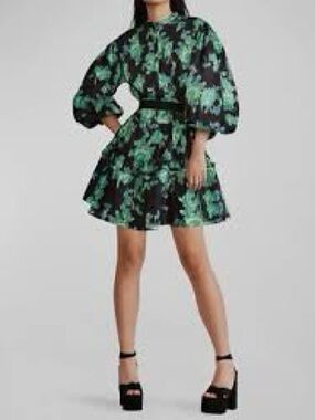 Zac Posen Black Mini Dress with Green Floral Print